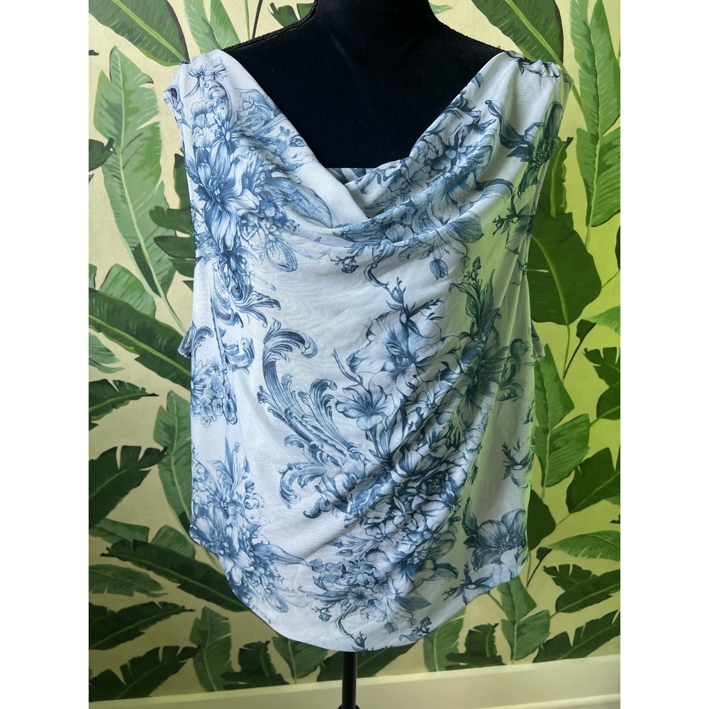 Anthropologie Floral Cowl Neck Sleeveless Top Women 3X Blue White
